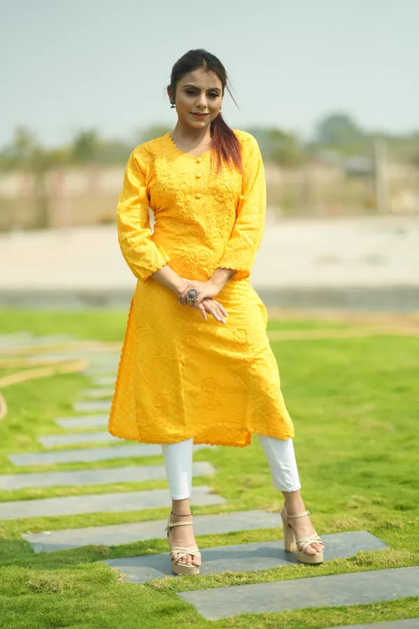 Yellow Pure Cotton Chikankari Embroidered Kurta For Women