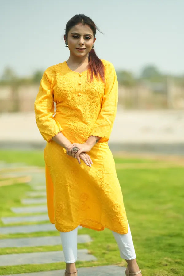 Yellow Pure Cotton Chikankari Embroidered Kurta For Women